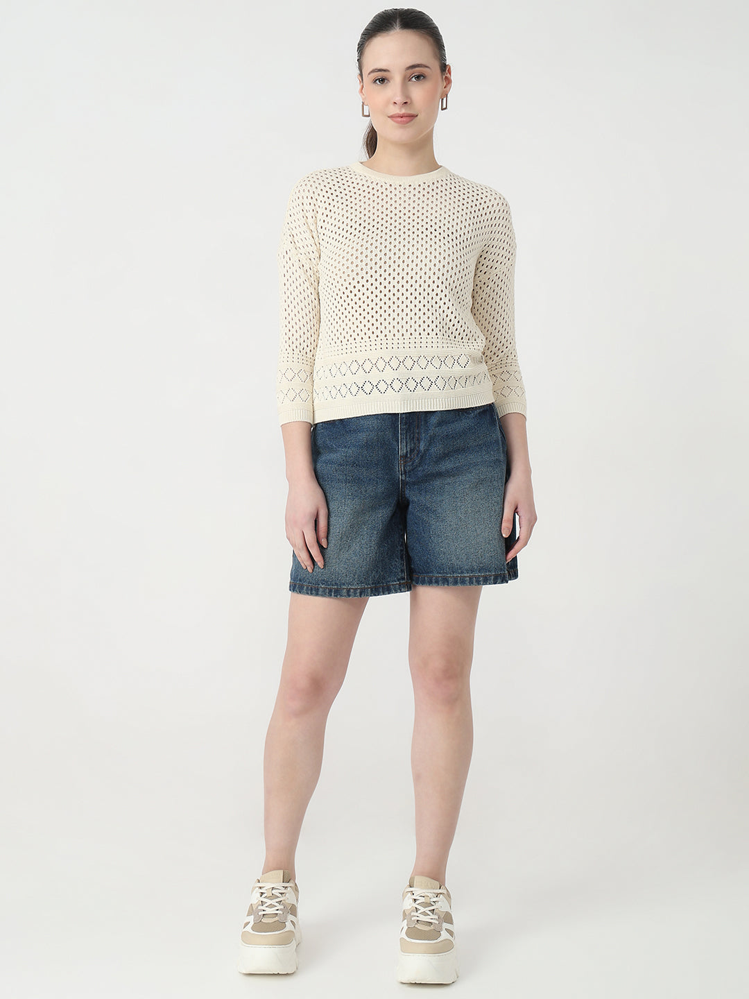 Women Ivory Slim Fit Flat Knit