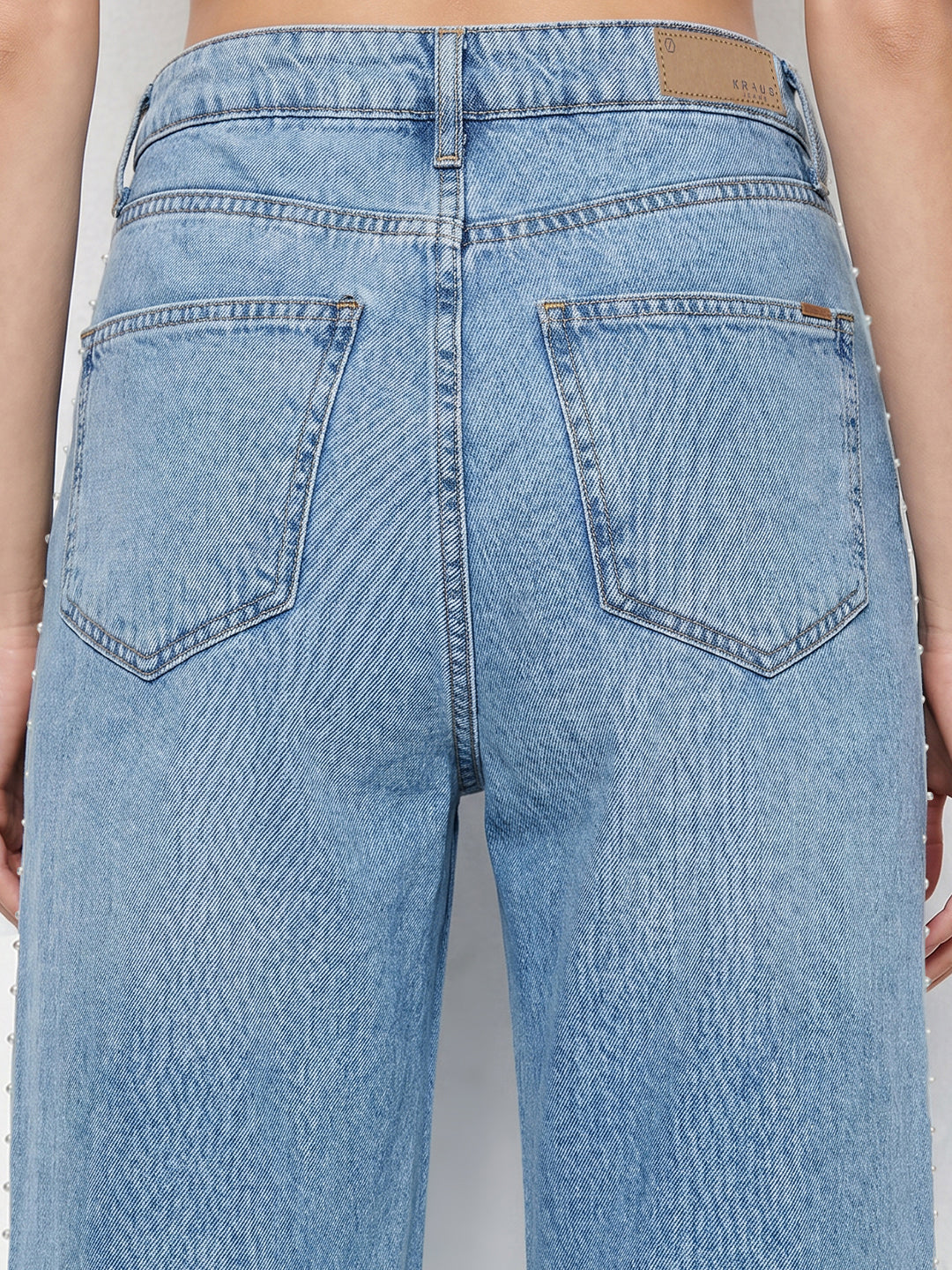 Women Blue Studded Pearl Wide Leg Jeans