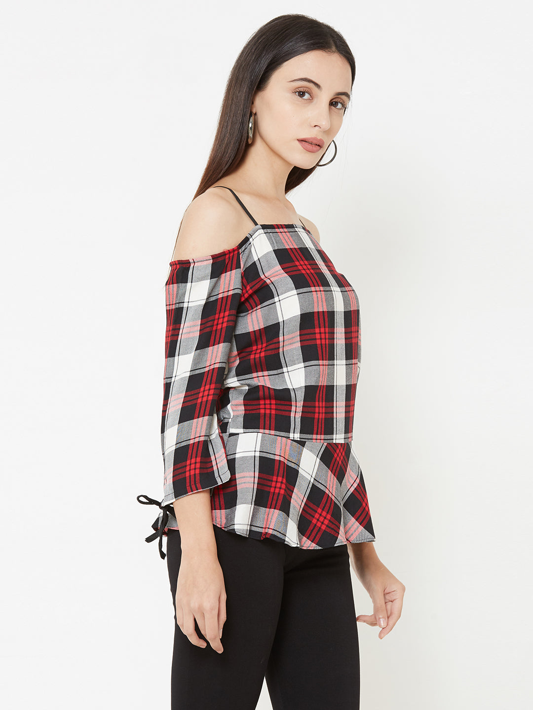Women Checked Cold-Shoulder Peplum Top