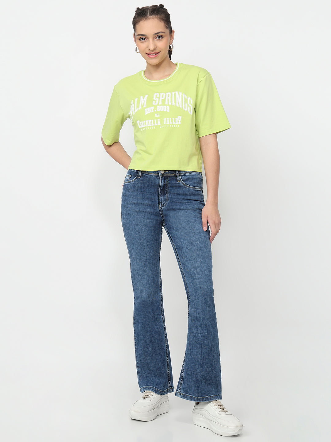 Women Lime Graphic Crop Tees