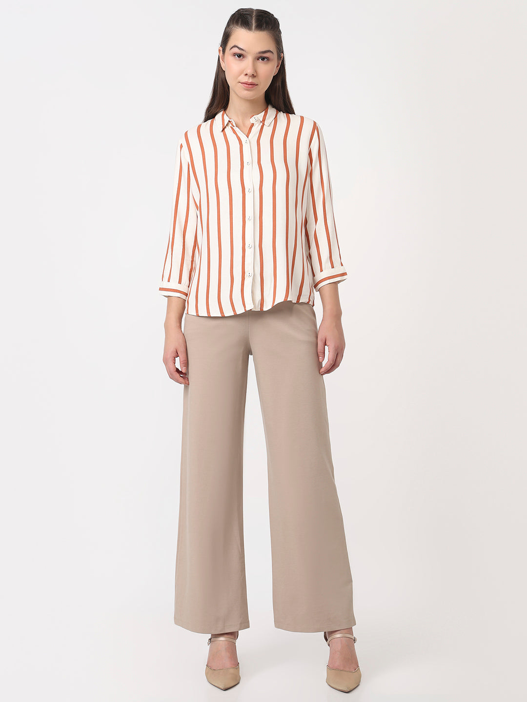 Women White/Brick Slim Fit Shirt