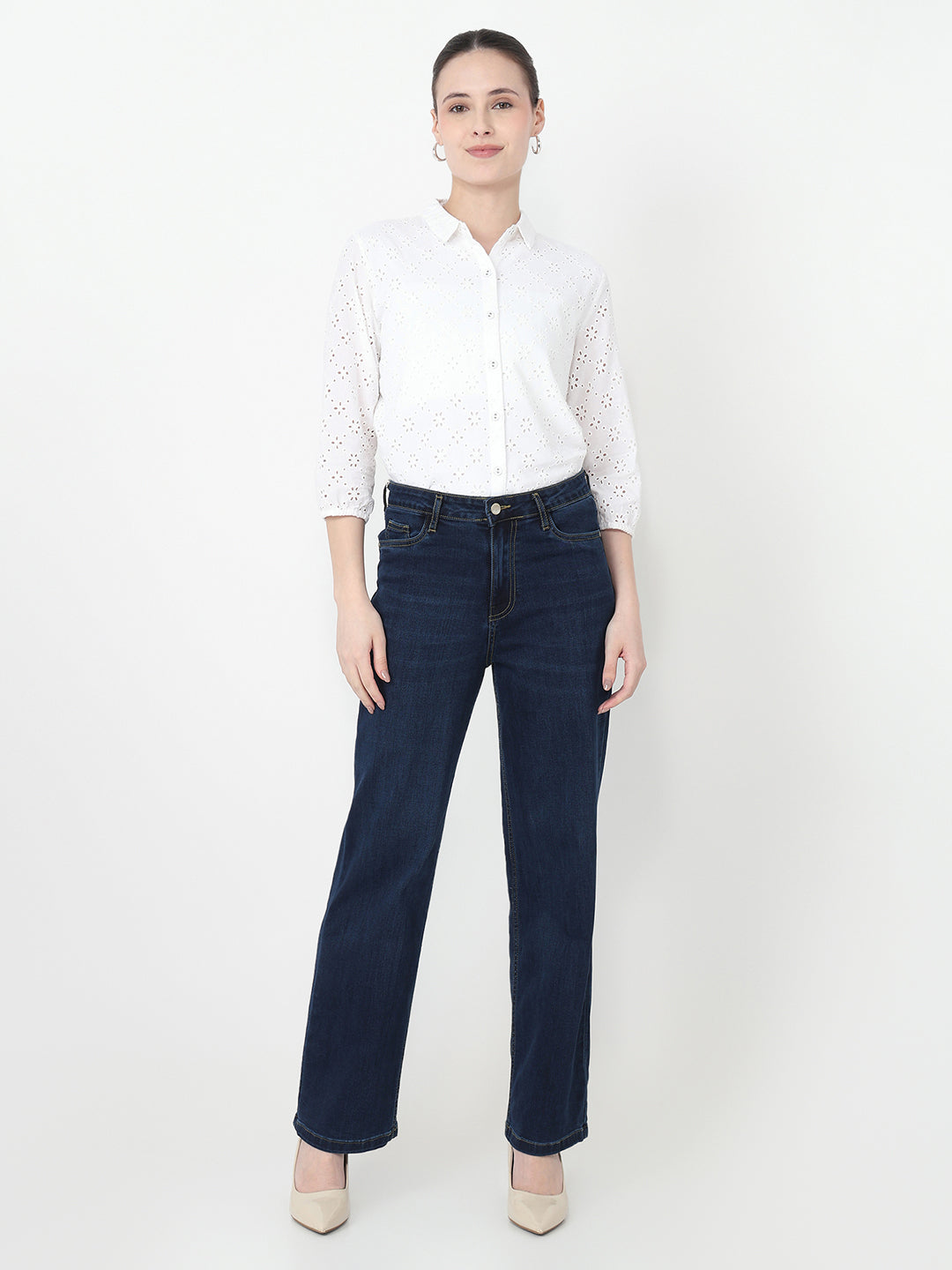 Women White Slim Fit Schiffli Shirt