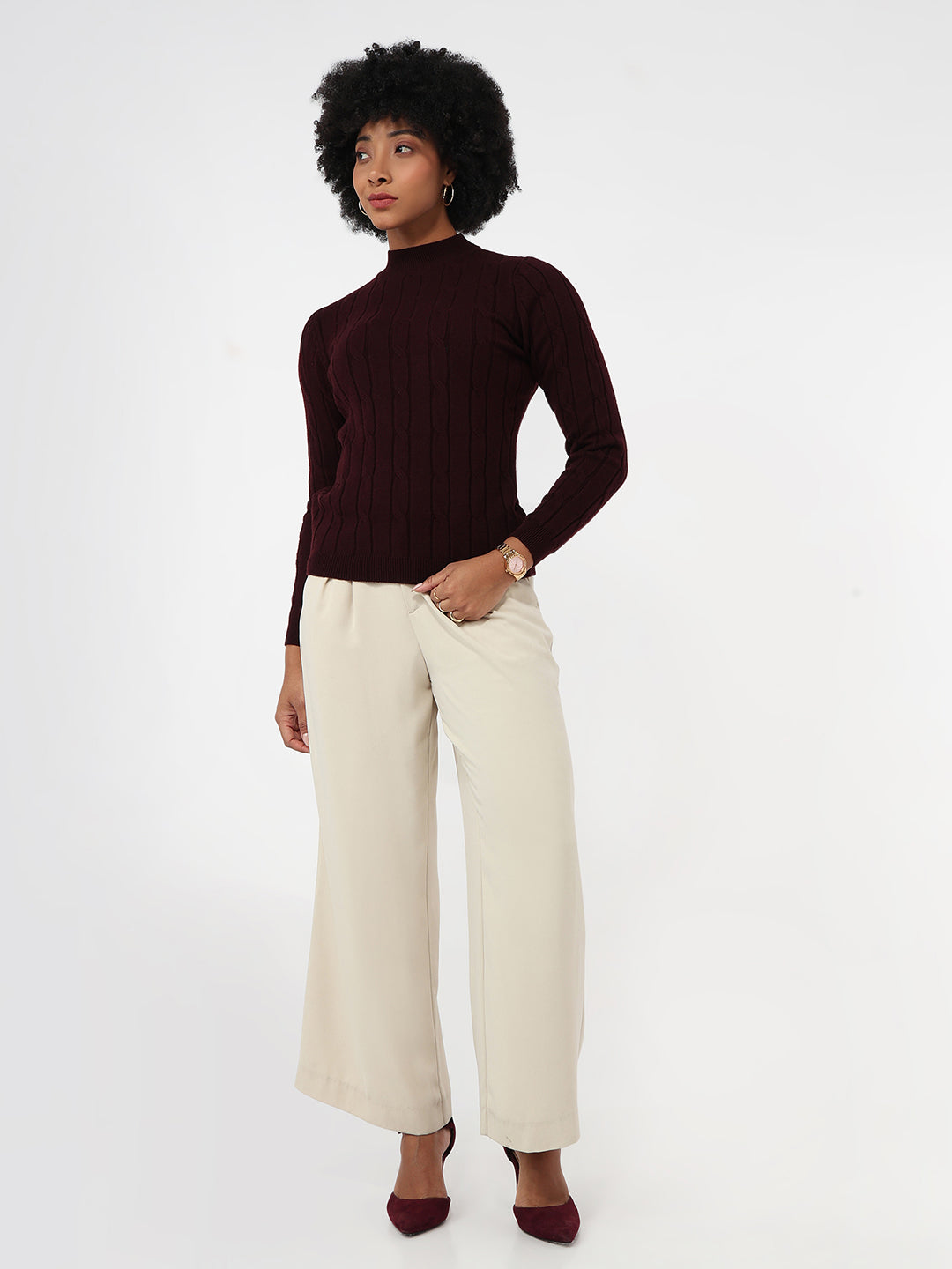 Women Wine Slim Fit Sweater