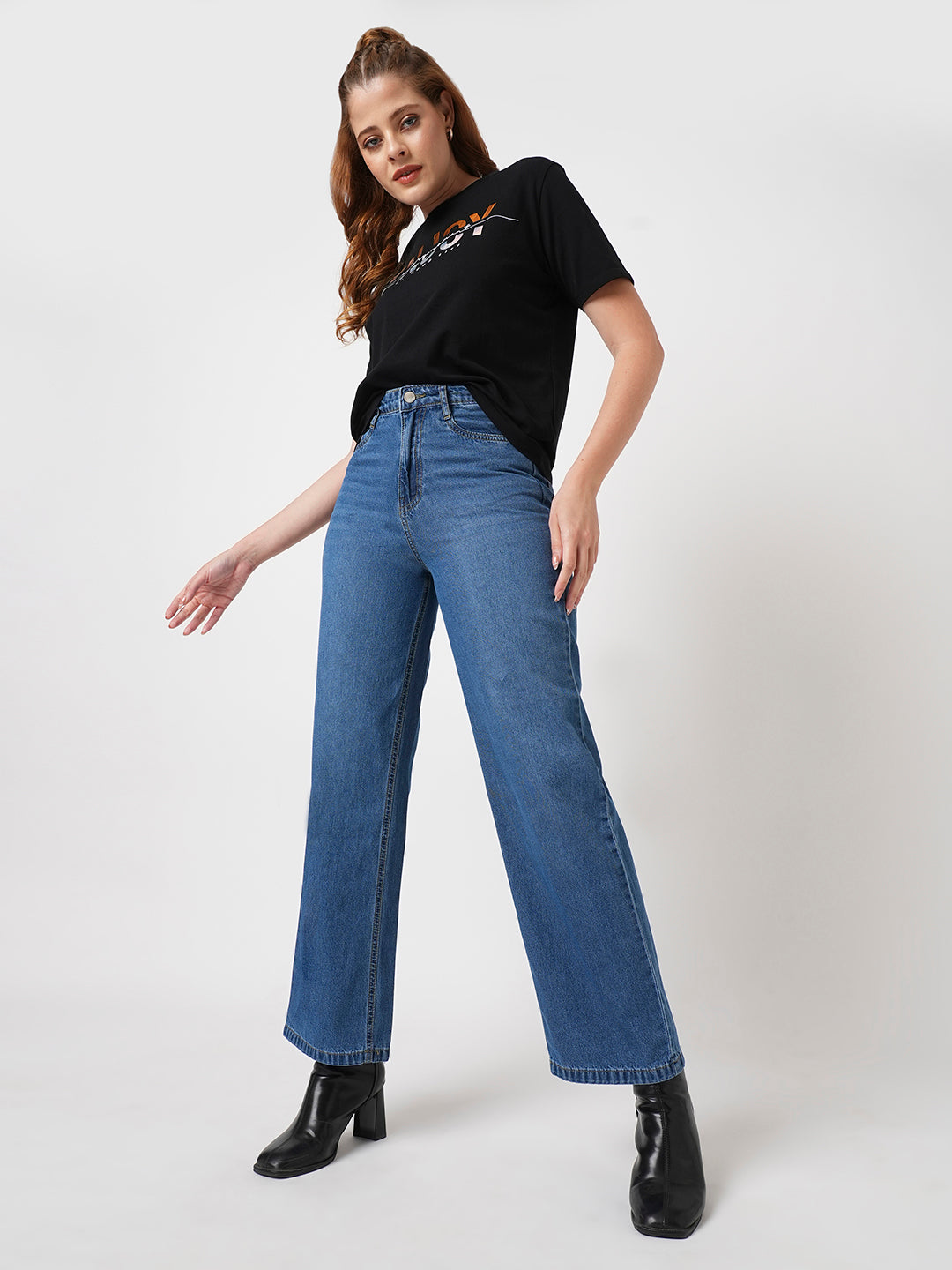 Women Dark Blue High-Rise Wide Leg Jeans