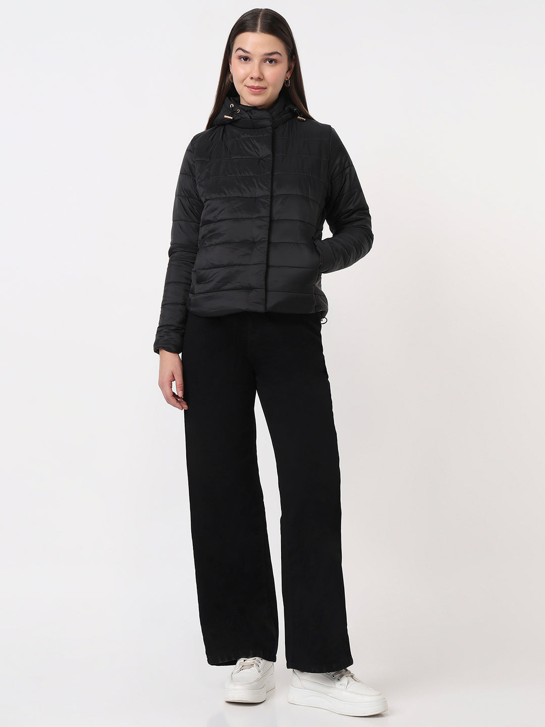 Women Black Slim Fit Winter Jacket