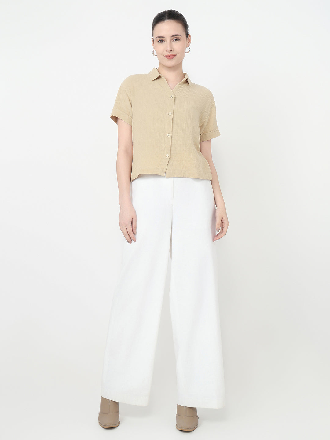 Women Oatmilk Crop Slim Shirt