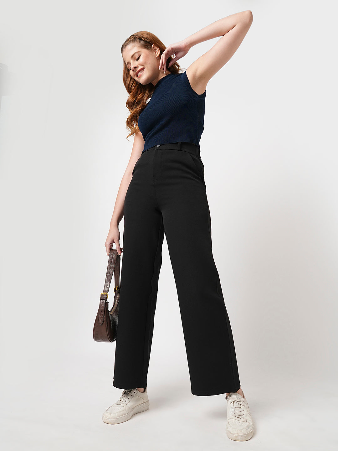 Women Black Mid-Rise Trousers