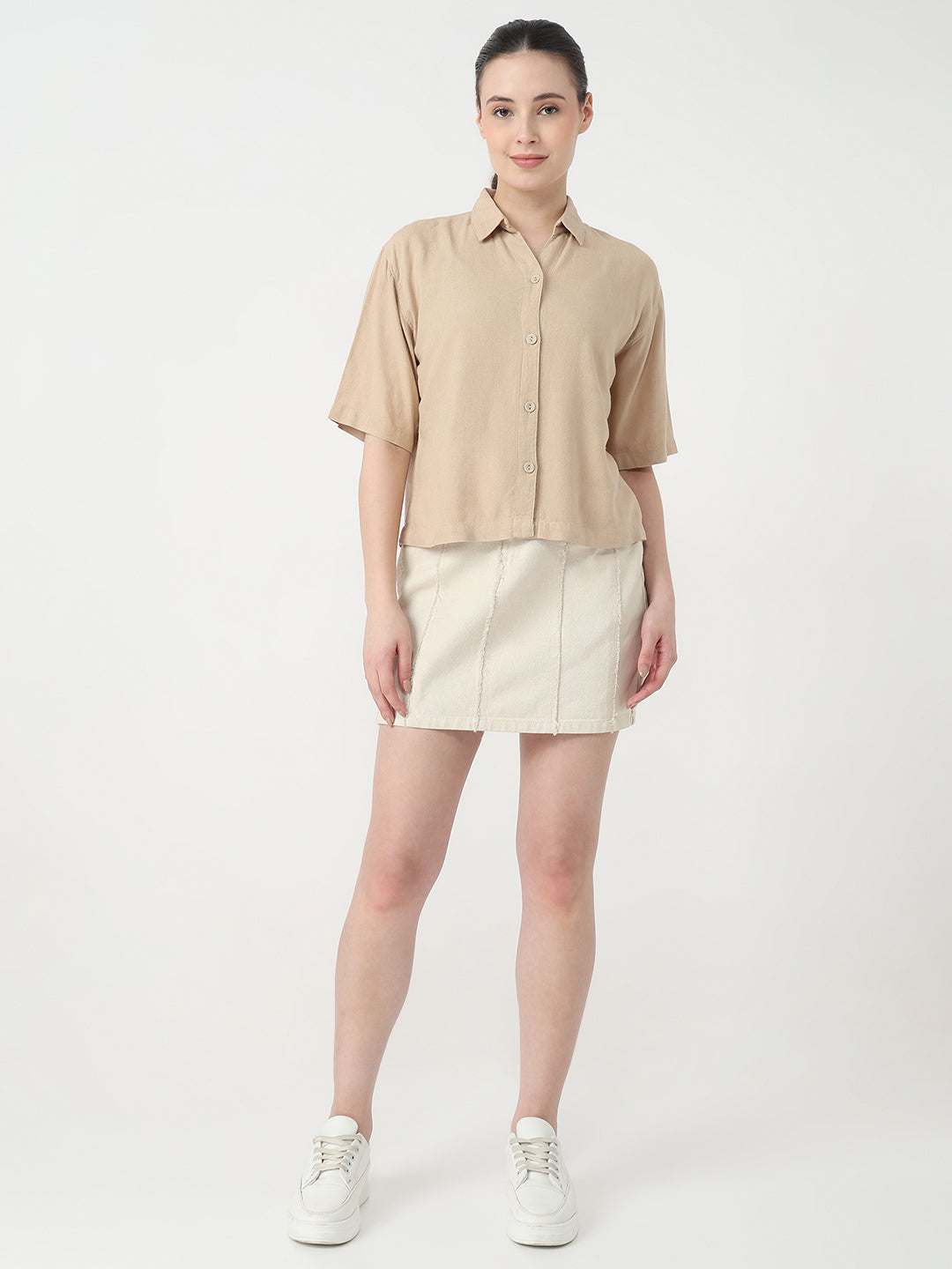 Women Oatmilk Slim Fit Crop Shirt