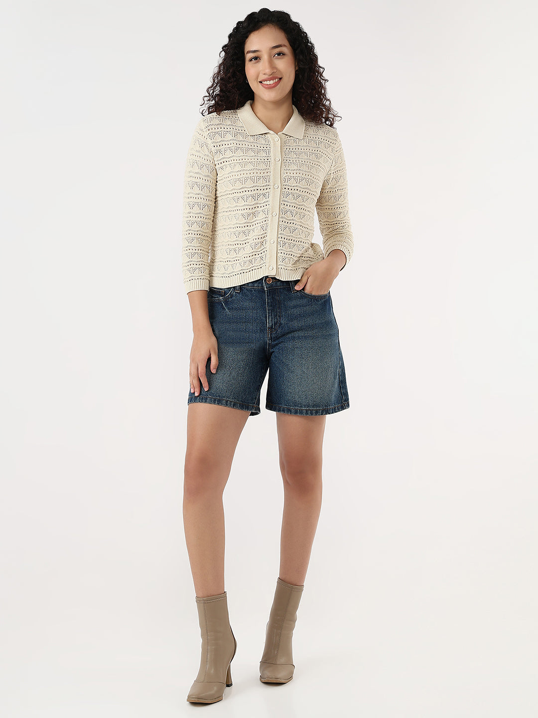 Women Ivory Slim Flat Knit Shirt