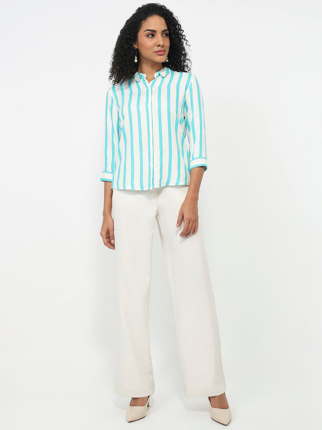 Women Aqua/White Striped Shirt