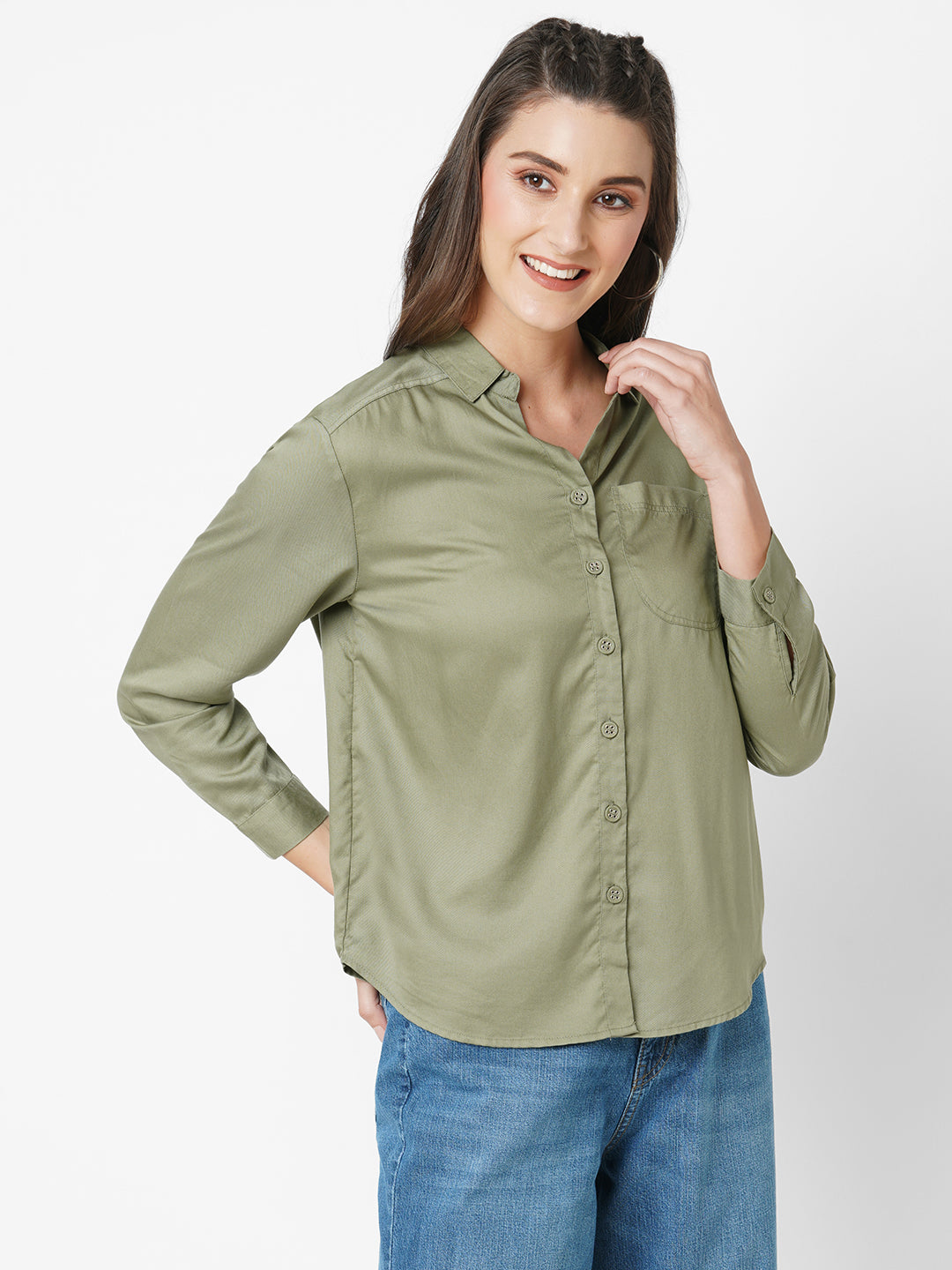 Women Olive Oversized Shirt