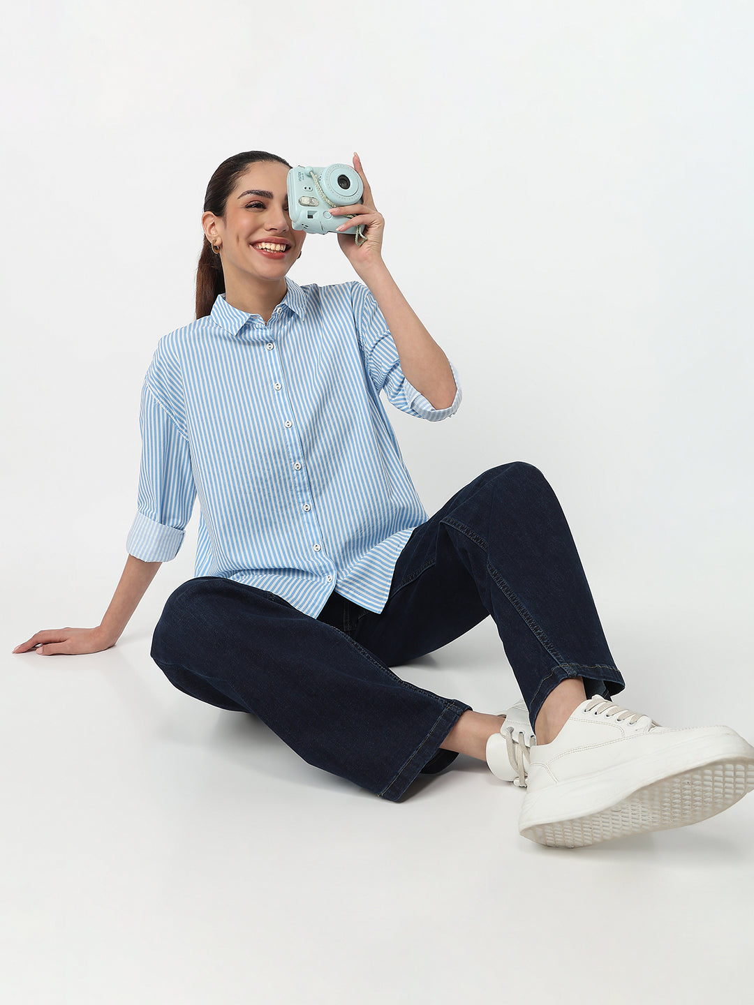 Women Sky/White Striped Oversized Shirt