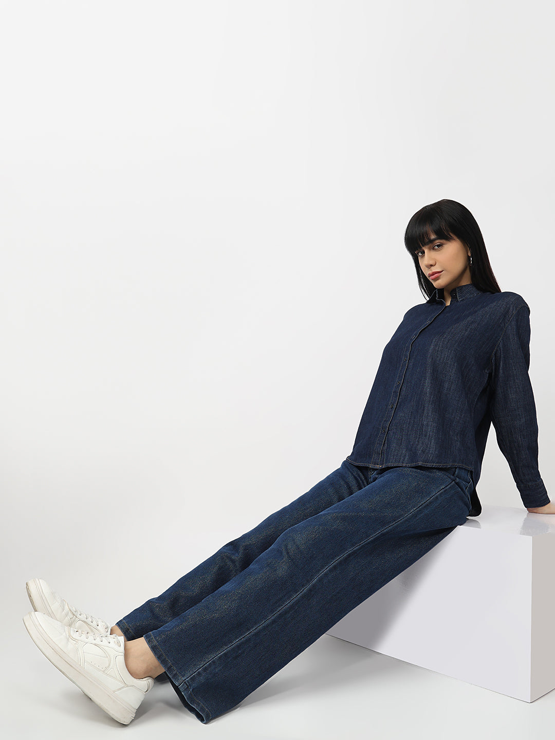 Women Dark Blue High-Rise Wide Leg Shimmer Jeans