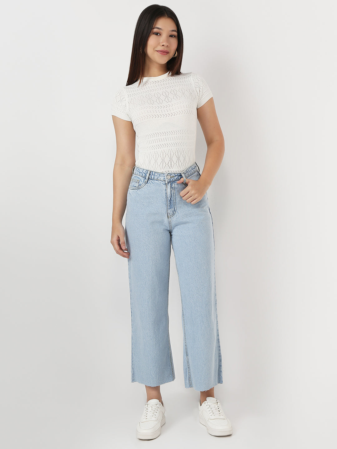 Women Light Blue Crop Wide Leg Jeans