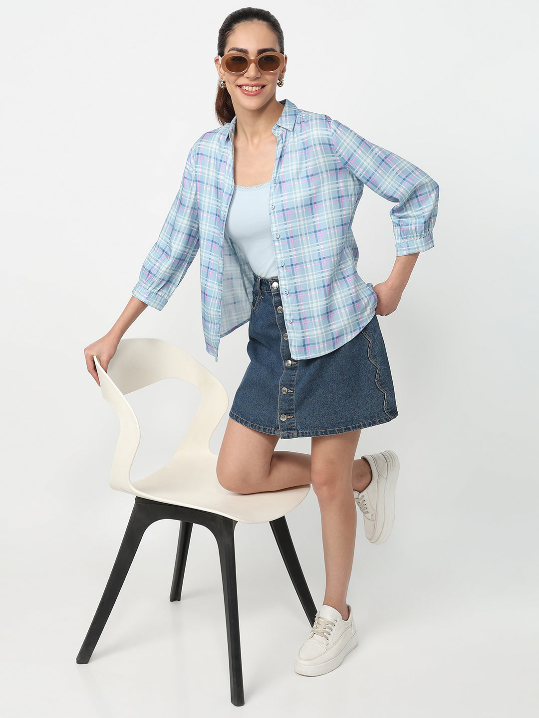Women Powder Blue Checked Shirt
