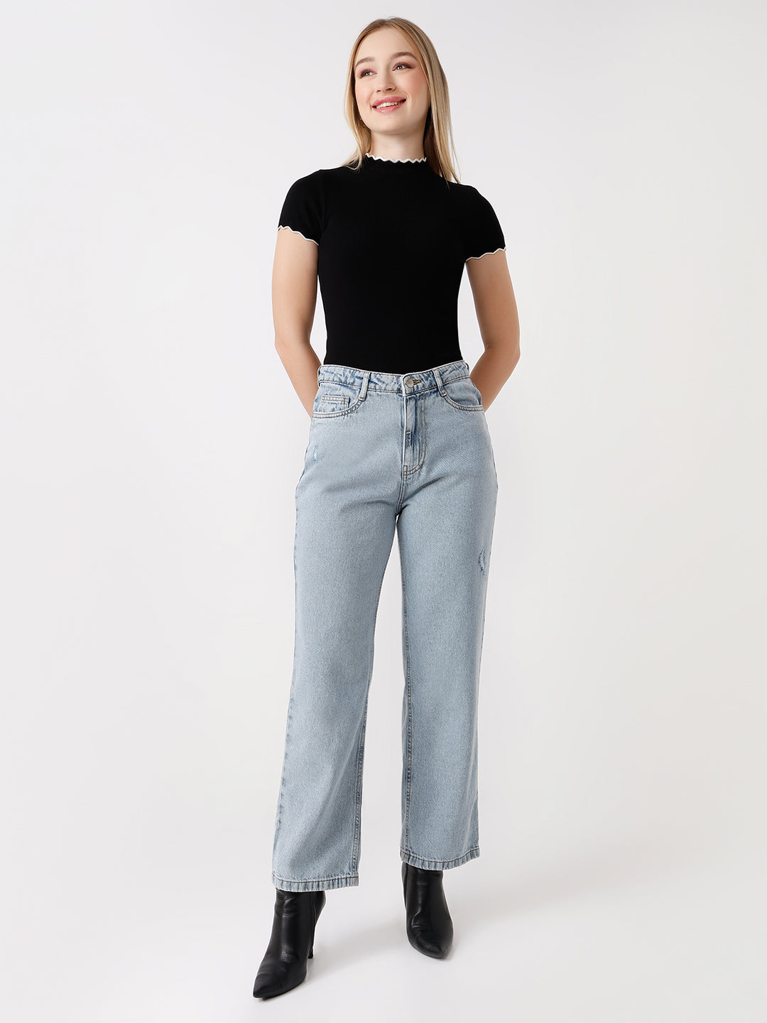 Women Light Blue High-Rise Loose Straight Jeans