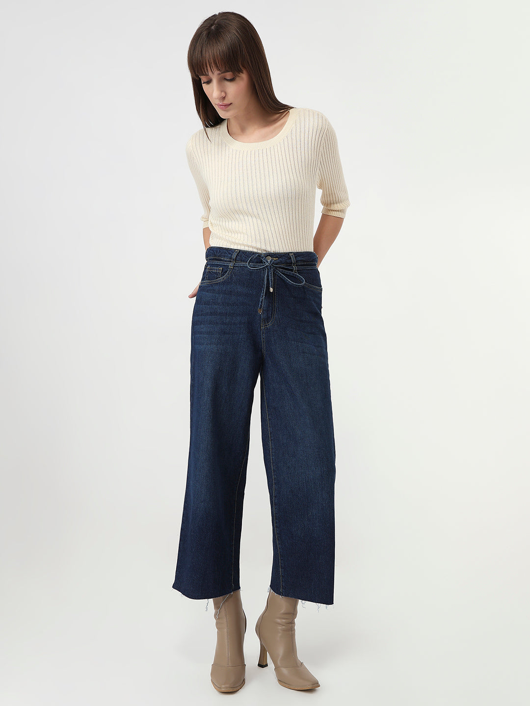 Women Blue Crop Wide Leg Jeans