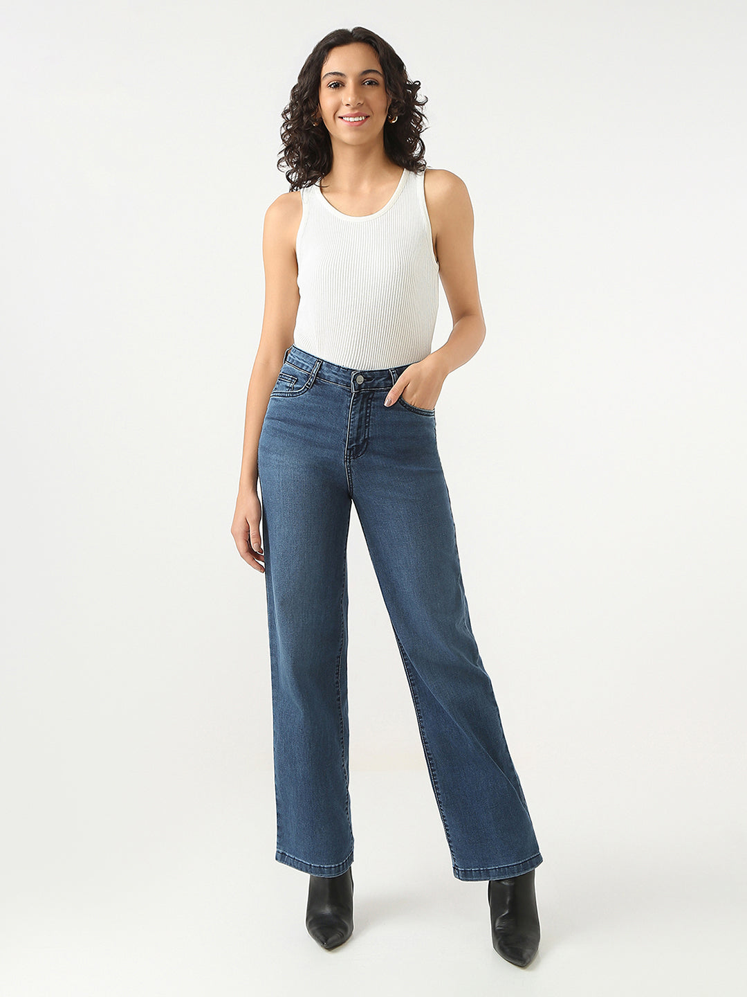 Women Dark Blue High-Rise Straight Fit Jeans