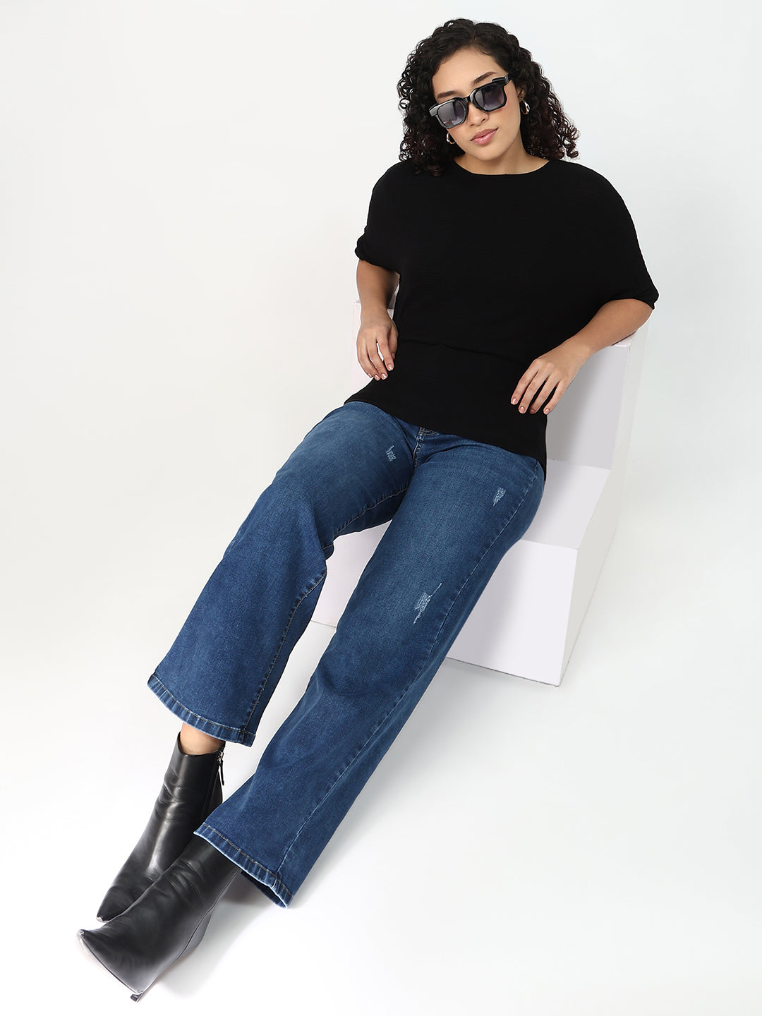 Women Black Slim Fit Batsleeve Top