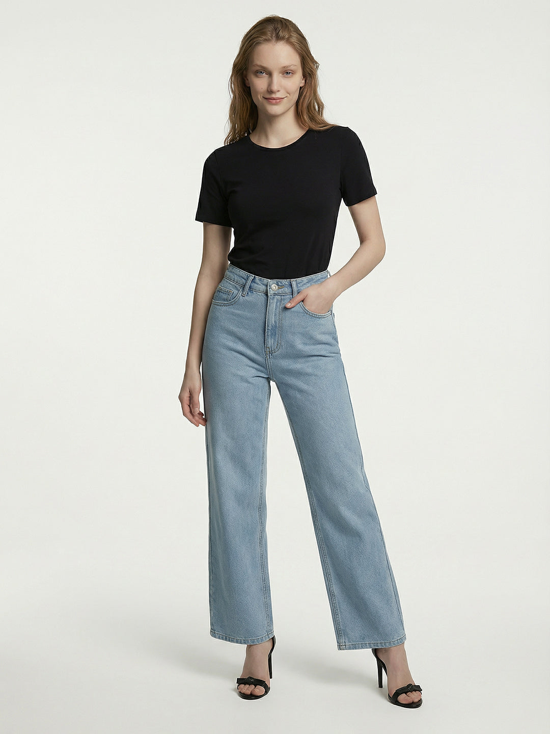 Women Light Blue High-Rise Wide Leg Shimmer Jeans
