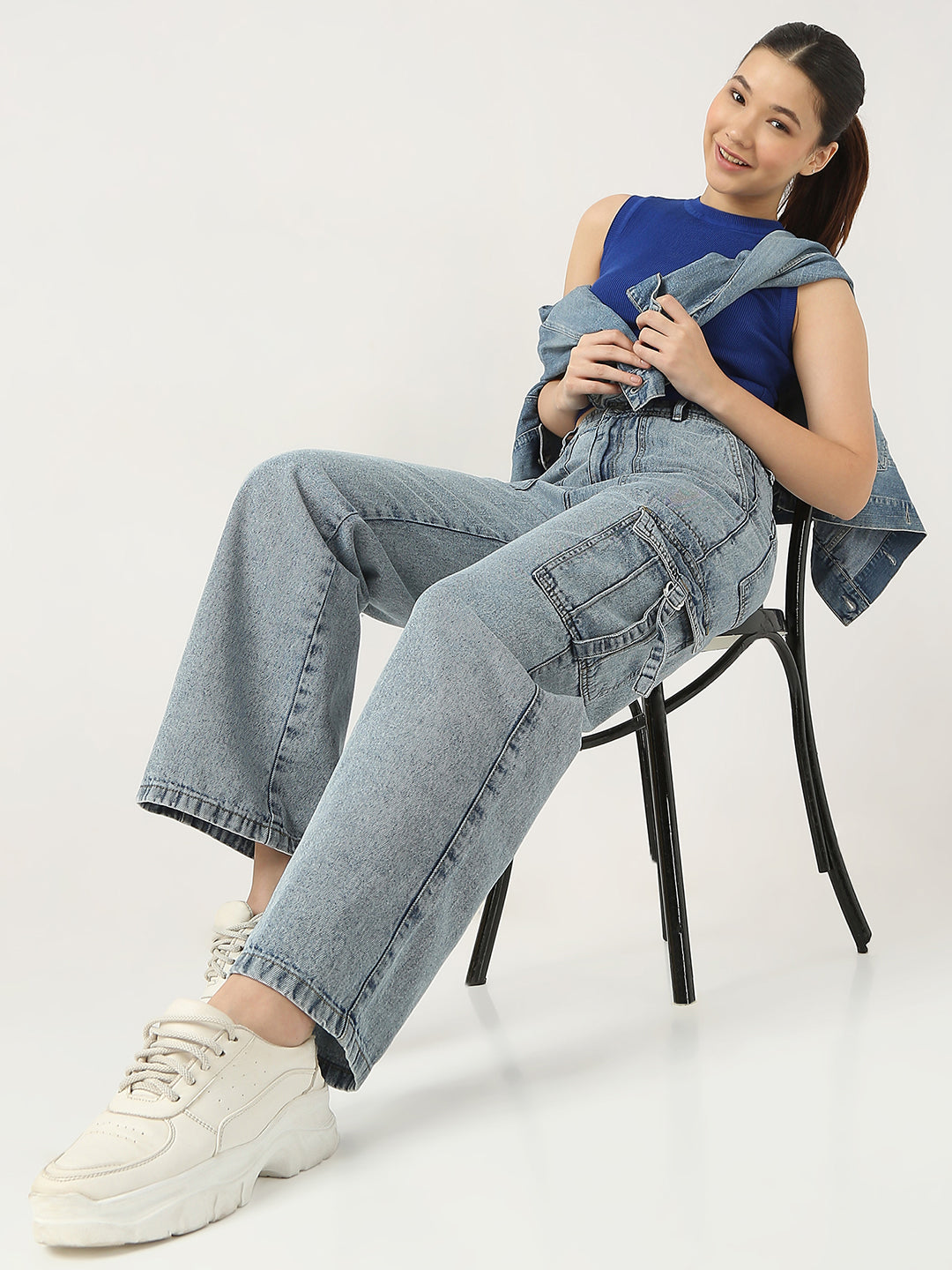 Women Blue High-Rise Cargo