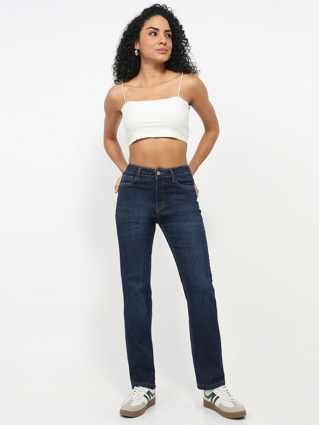 Women Dark Blue High-Rise Slim Straight Jeans