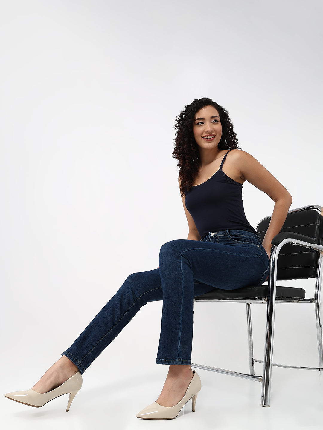 Women Dark Blue High-Rise Slim Straight Jeans