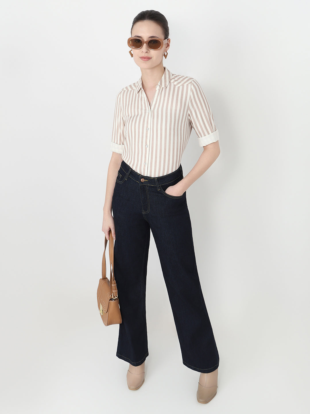 Women Brown/White Slim Fit Shirt