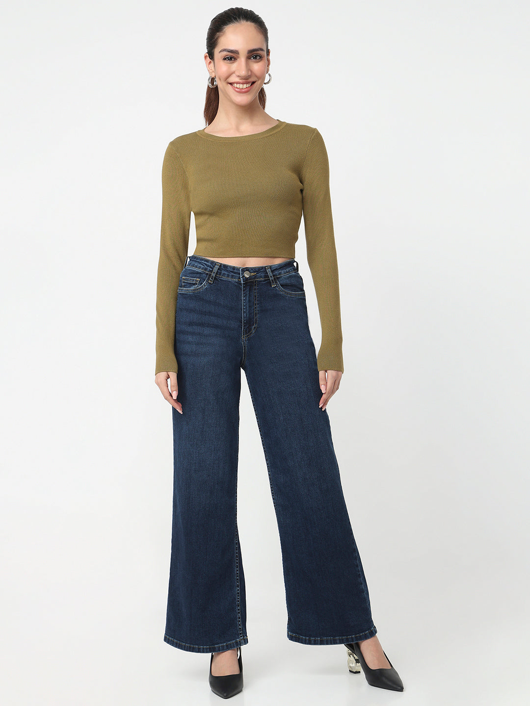 Women Dark Blue High-Rise Super Wide Leg Jeans