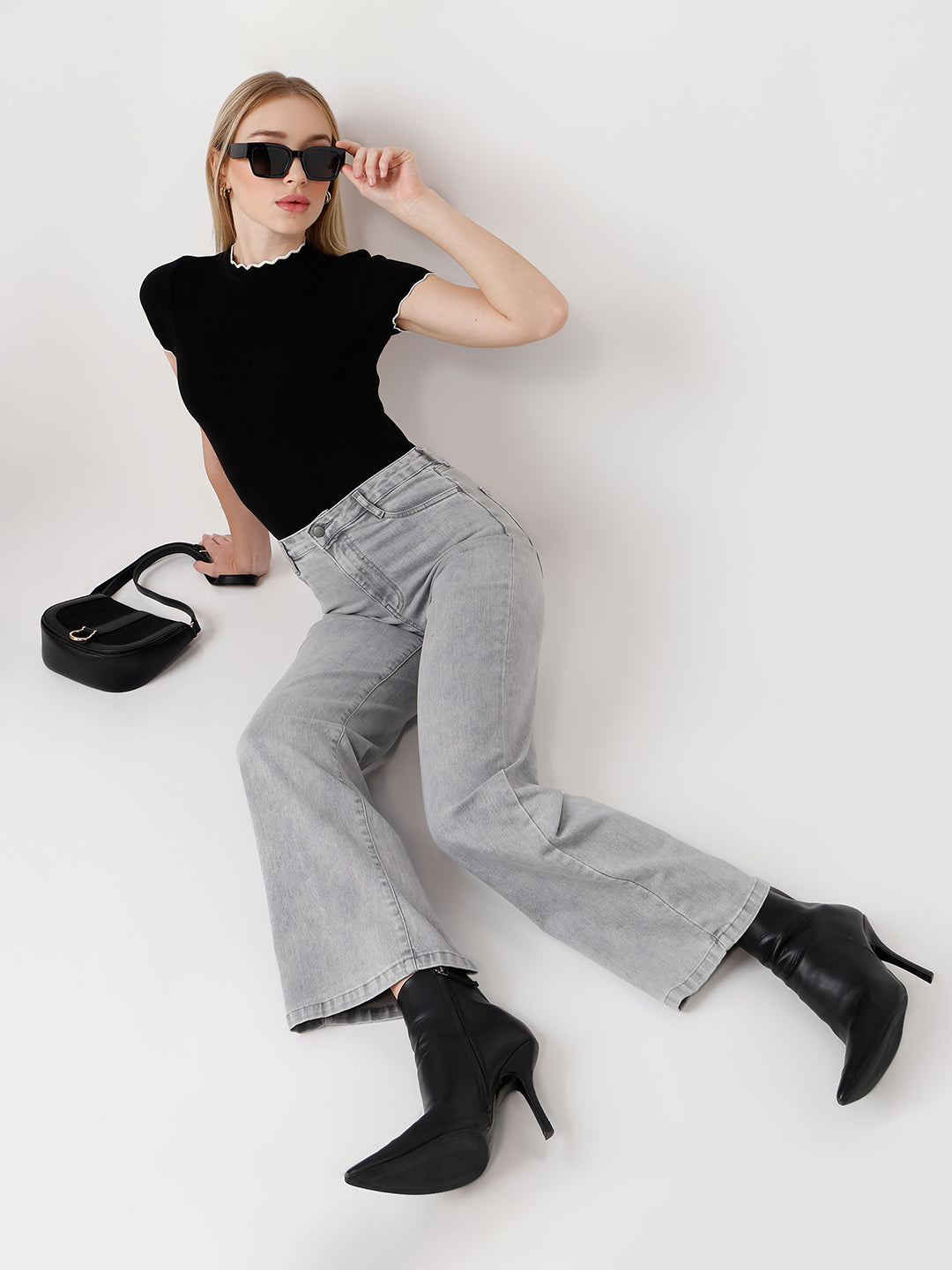 Women Light Grey High-Rise Wide Leg Jeans