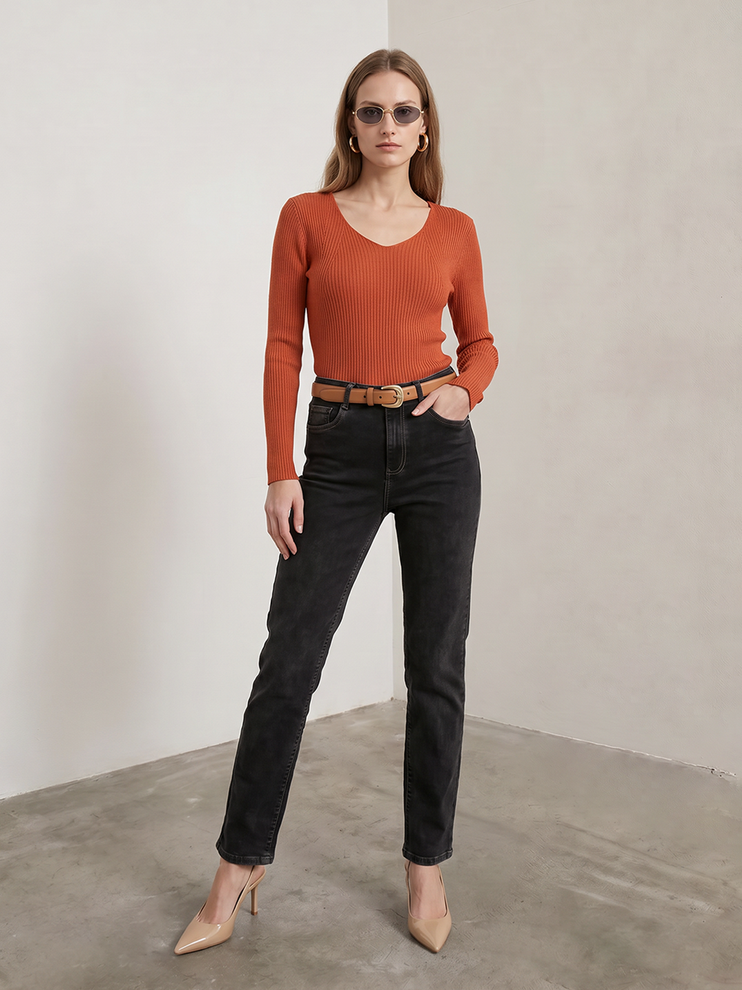 Women Burnt Orange Flat Knit