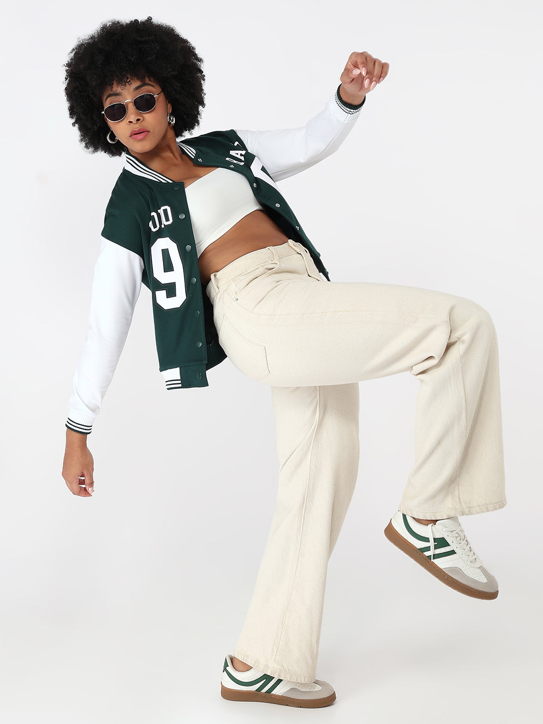 Women Bottle Green/White Varsity Jacket