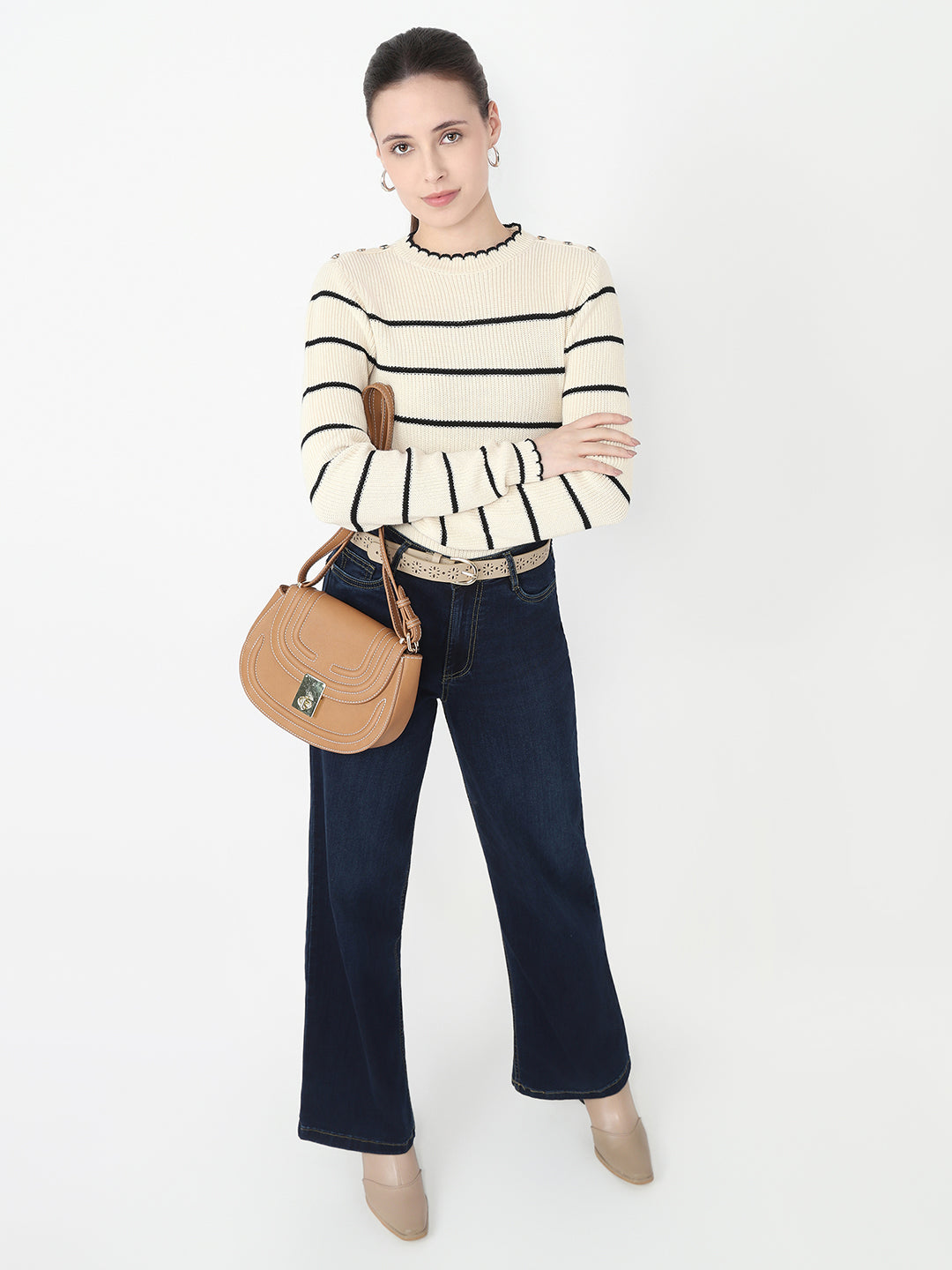 Women Ivory/Black Slim Fit Sweater