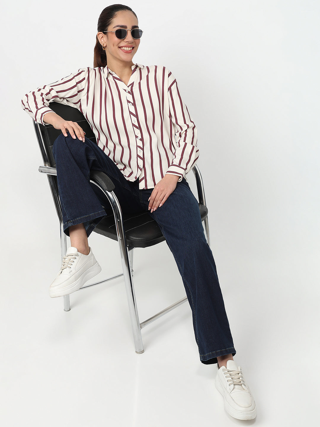 Women White/Mauve Striped Shirt
