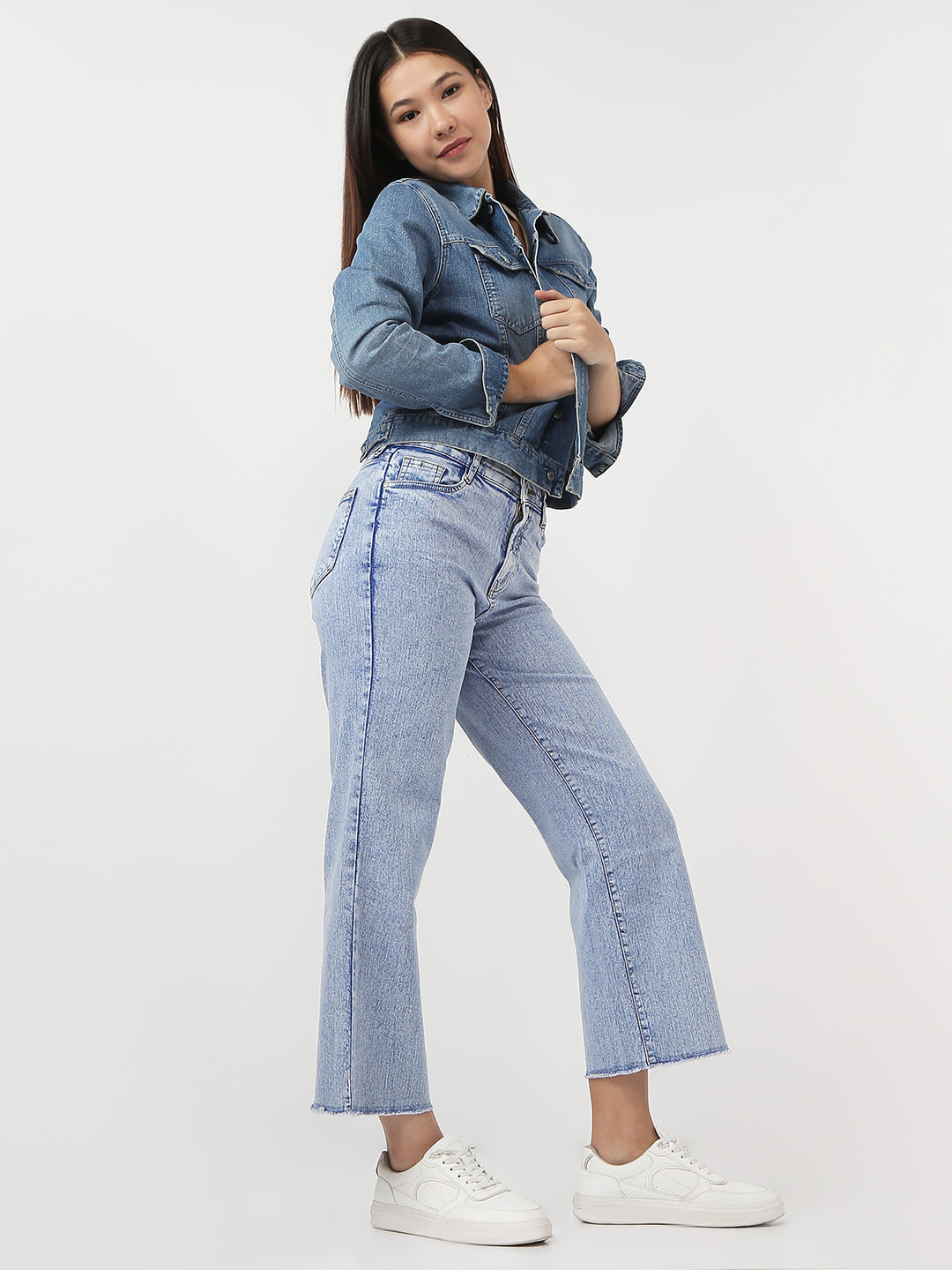 Women Light Blue Crop Wide Leg Jeans