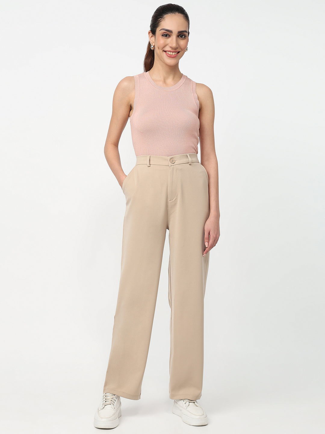 Women Beige High-Rise Straight Fit Pants