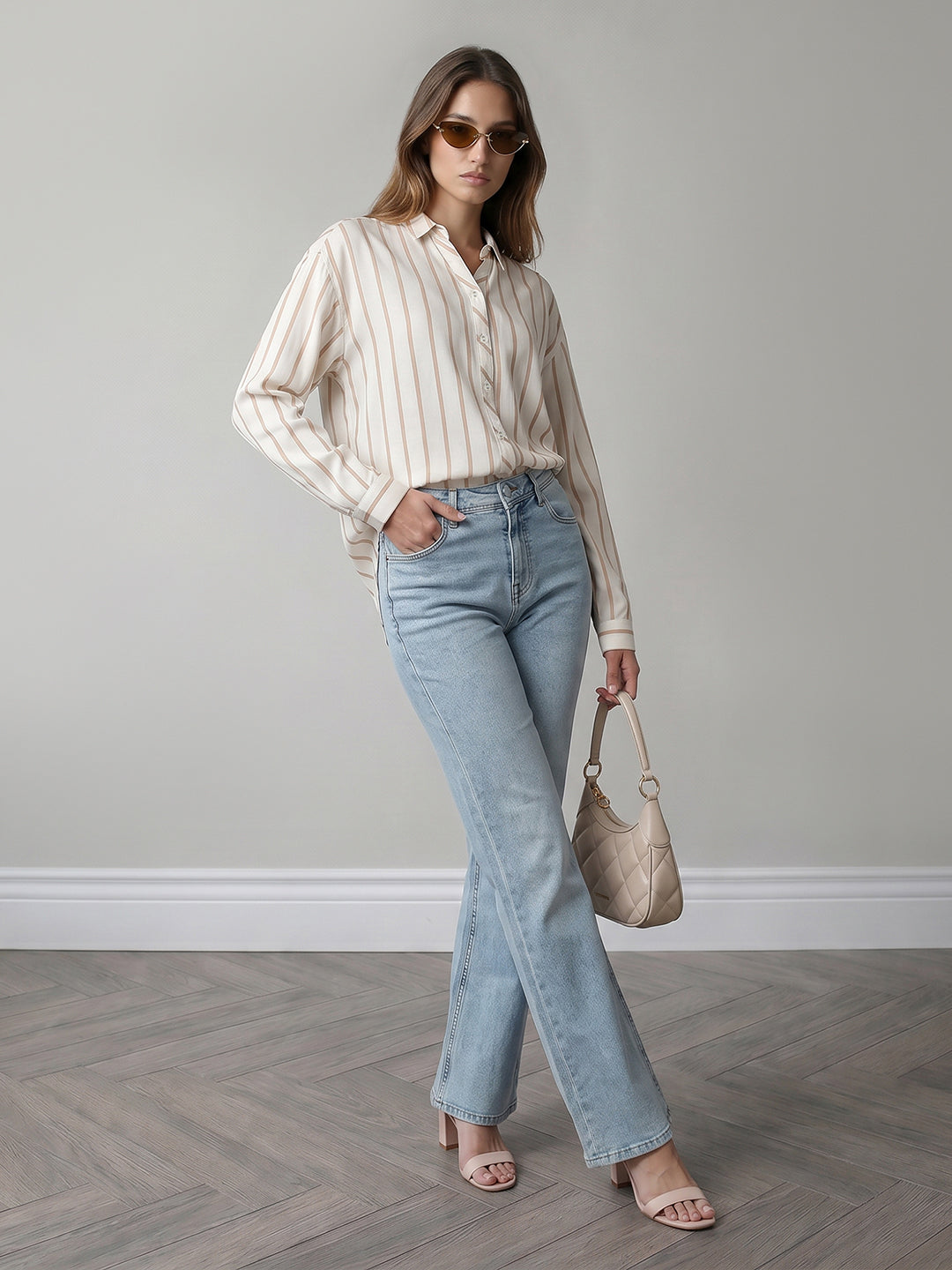 Women White/Beige Striped Shirt