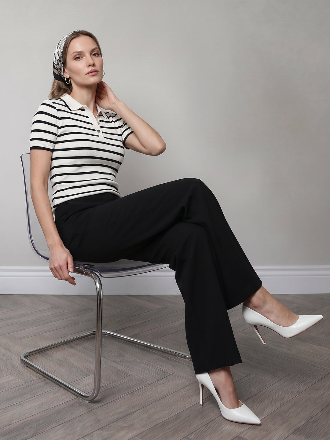 Women Black/White Stripe Flat Knit