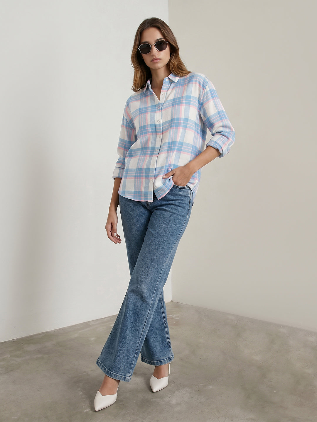 Women Blue/White Checks Shirt