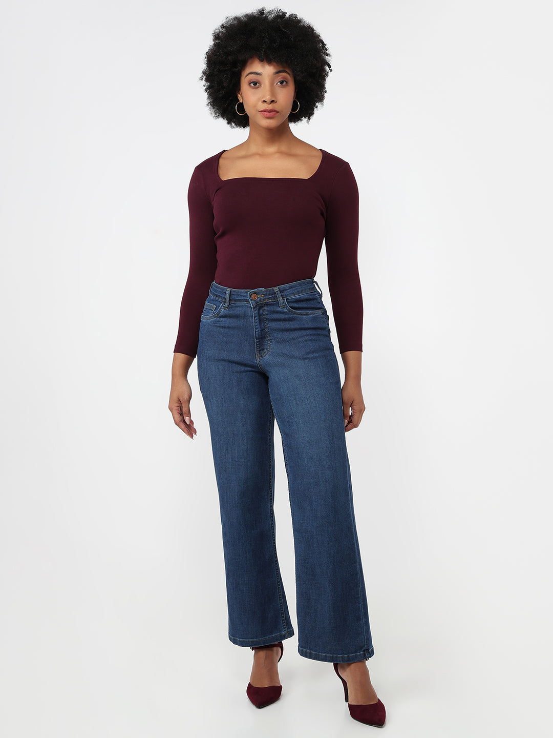 Women Dark Blue High-Rise Wide Leg Jeans
