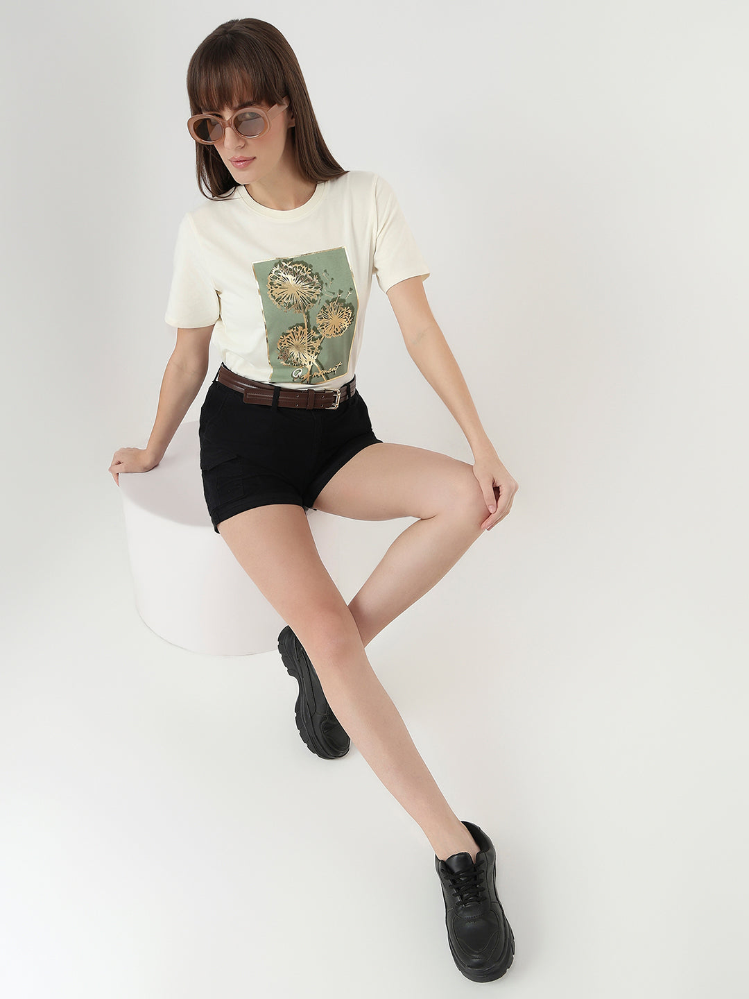 Women Ivory Slim Fit Graphic T-Shirt