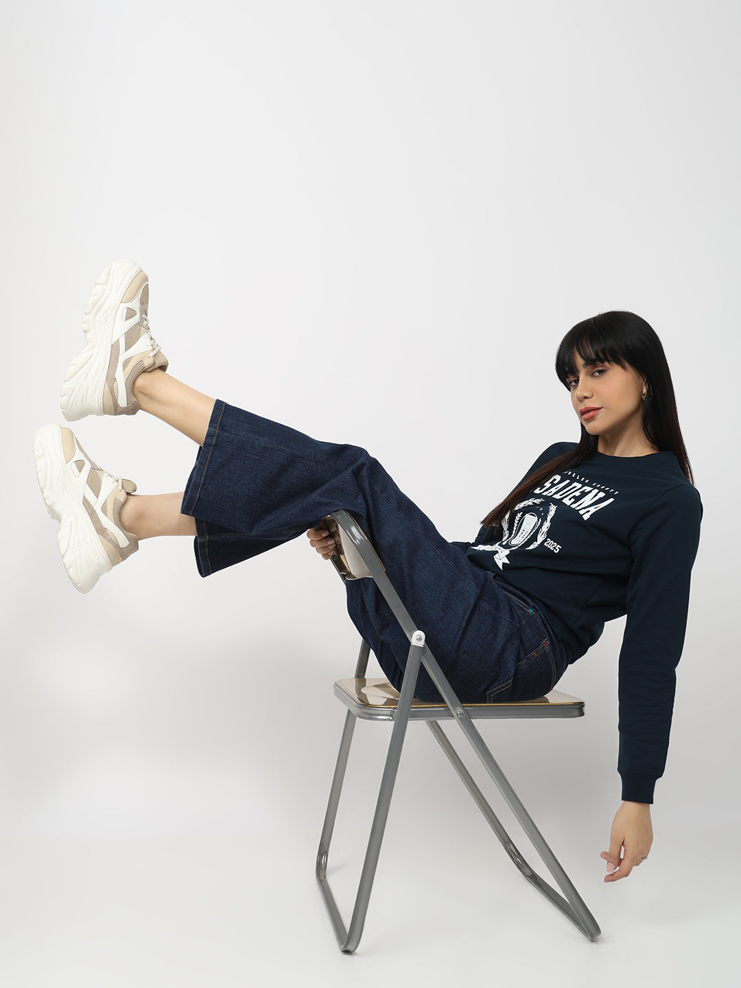 Women Dark Blue High-Rise Wide Leg Jeans