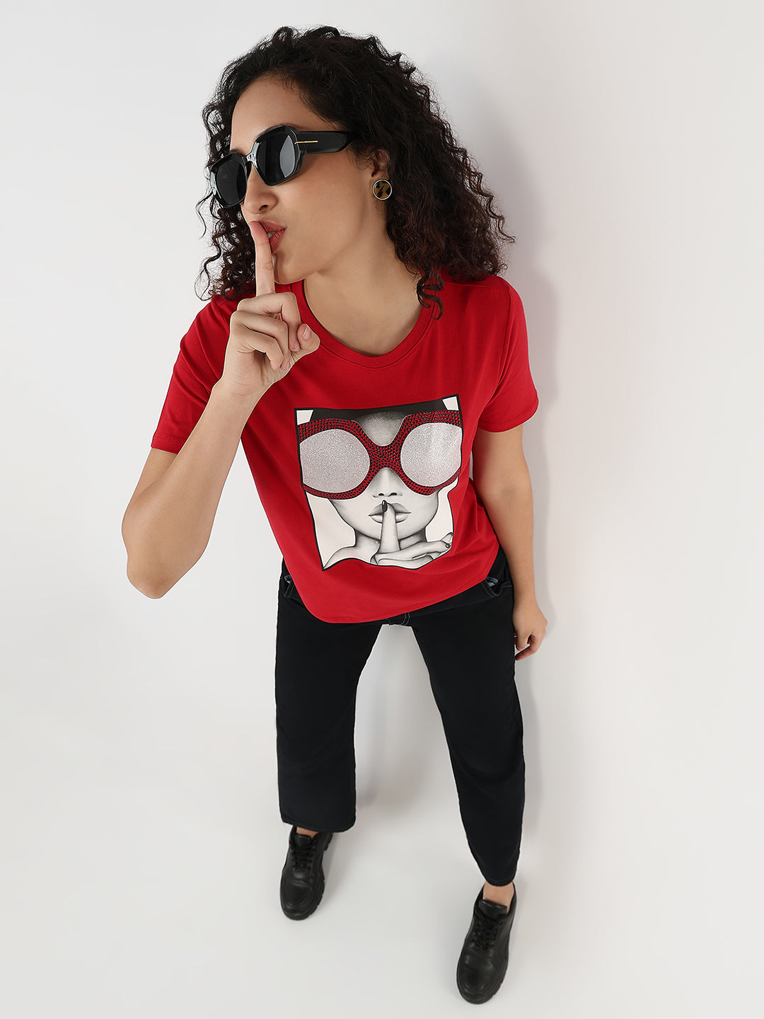 Women Red Slim Graphic T-Shirt