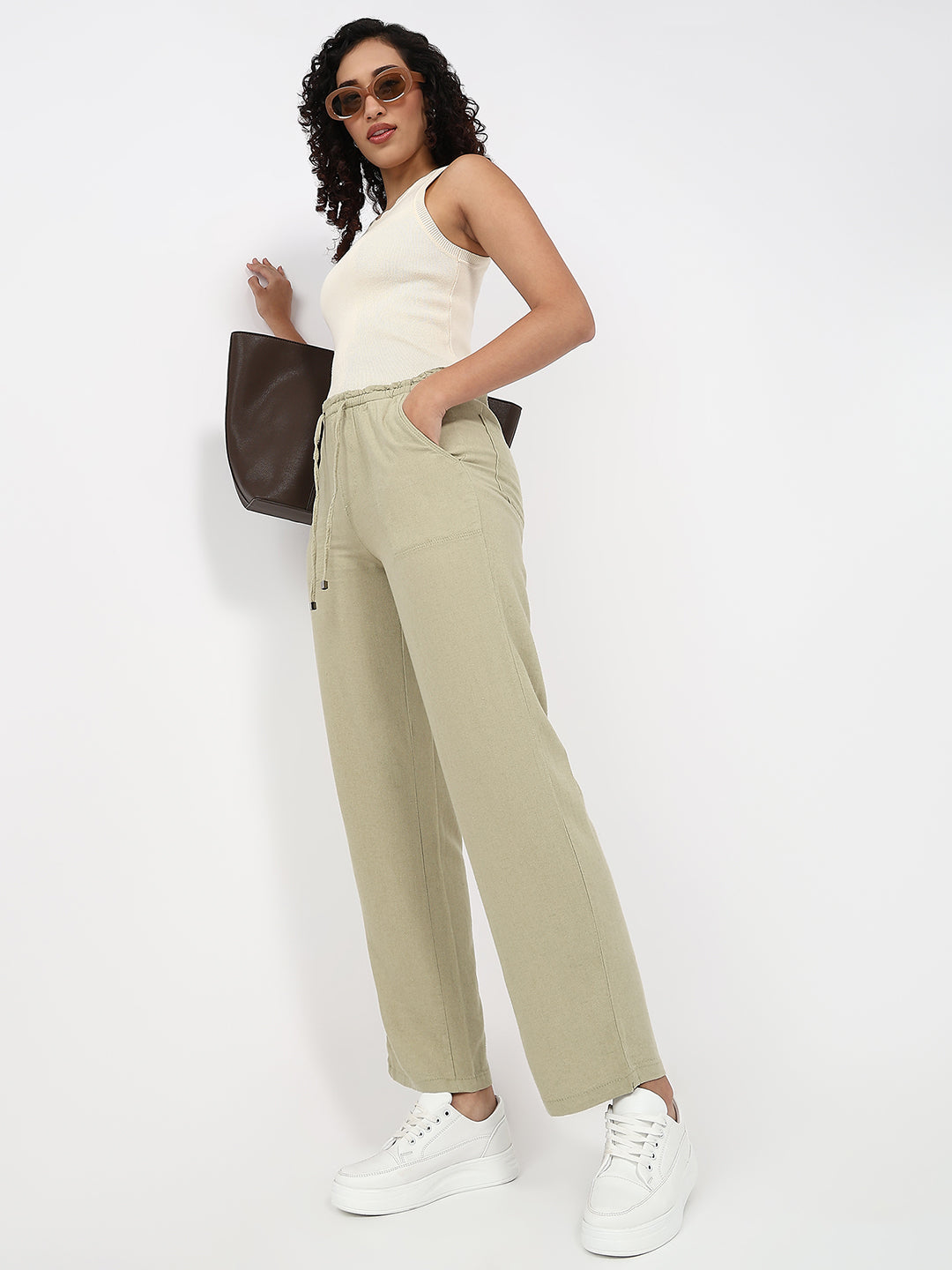 Women Light Olive High-Rise Paper Bag Pants