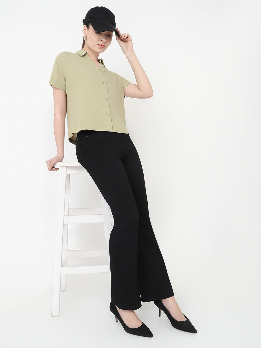 Women Light Olive Slim Fit Crop Shirt