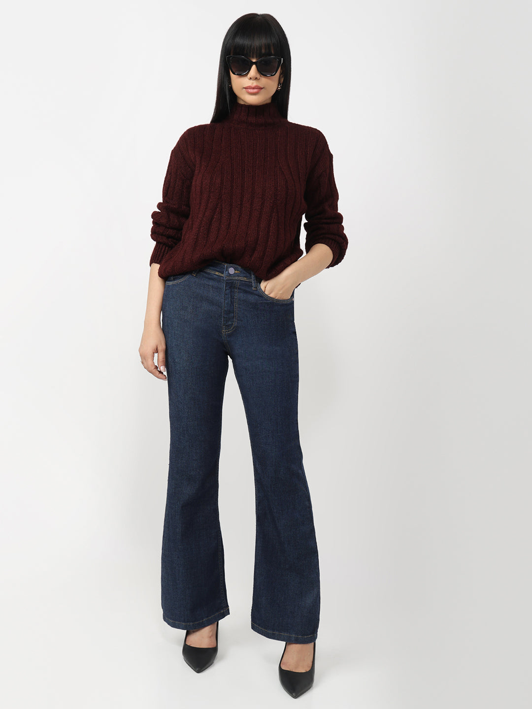 Women Dark Blue High-Rise Flare Jeans