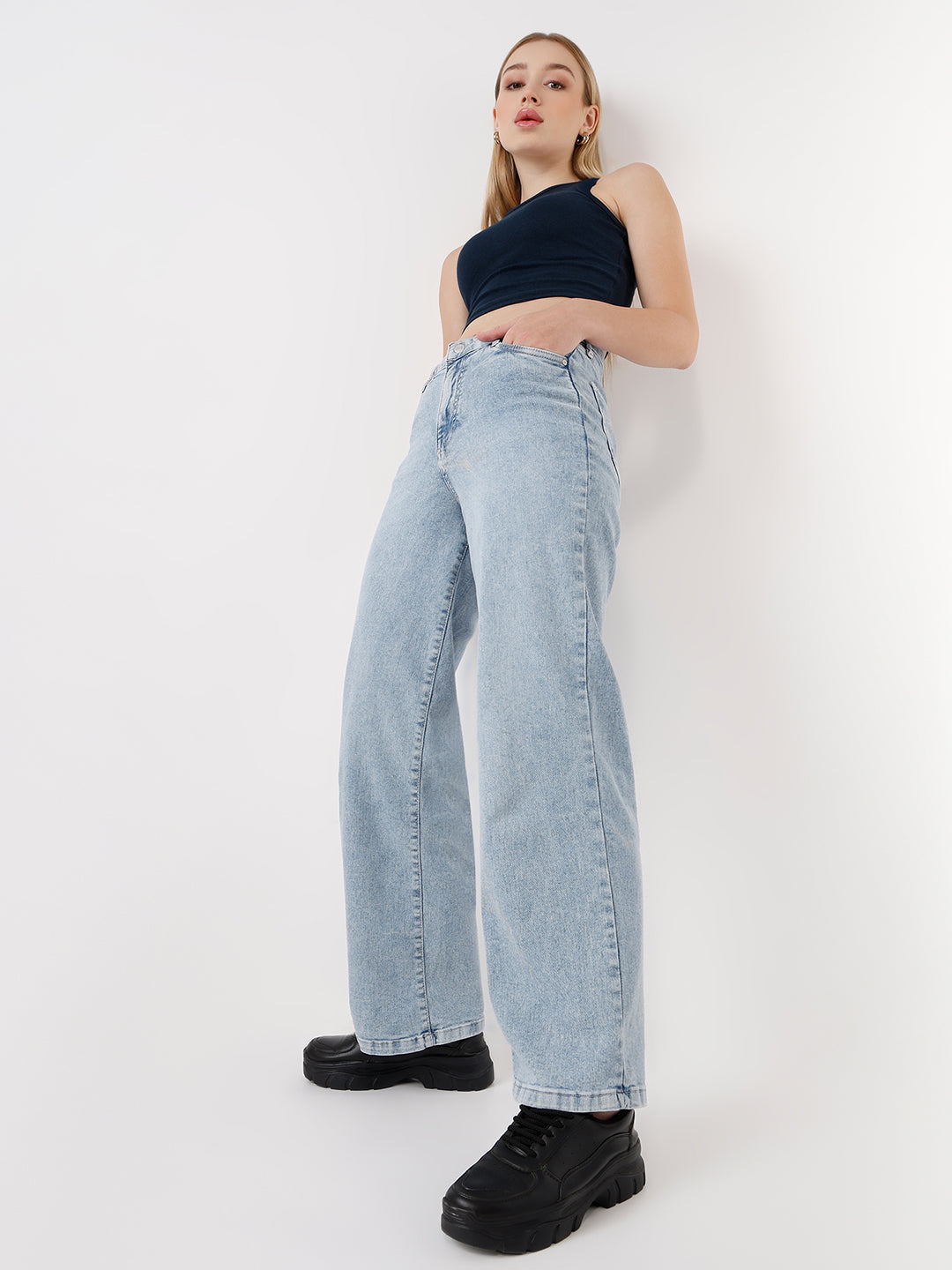 Women Light Blue High Rise Wide Leg Jeans