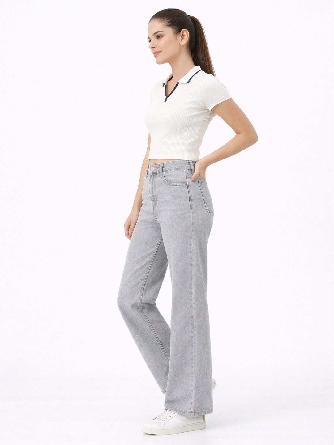 Women Light Grey High-Rise Wide Leg Jeans