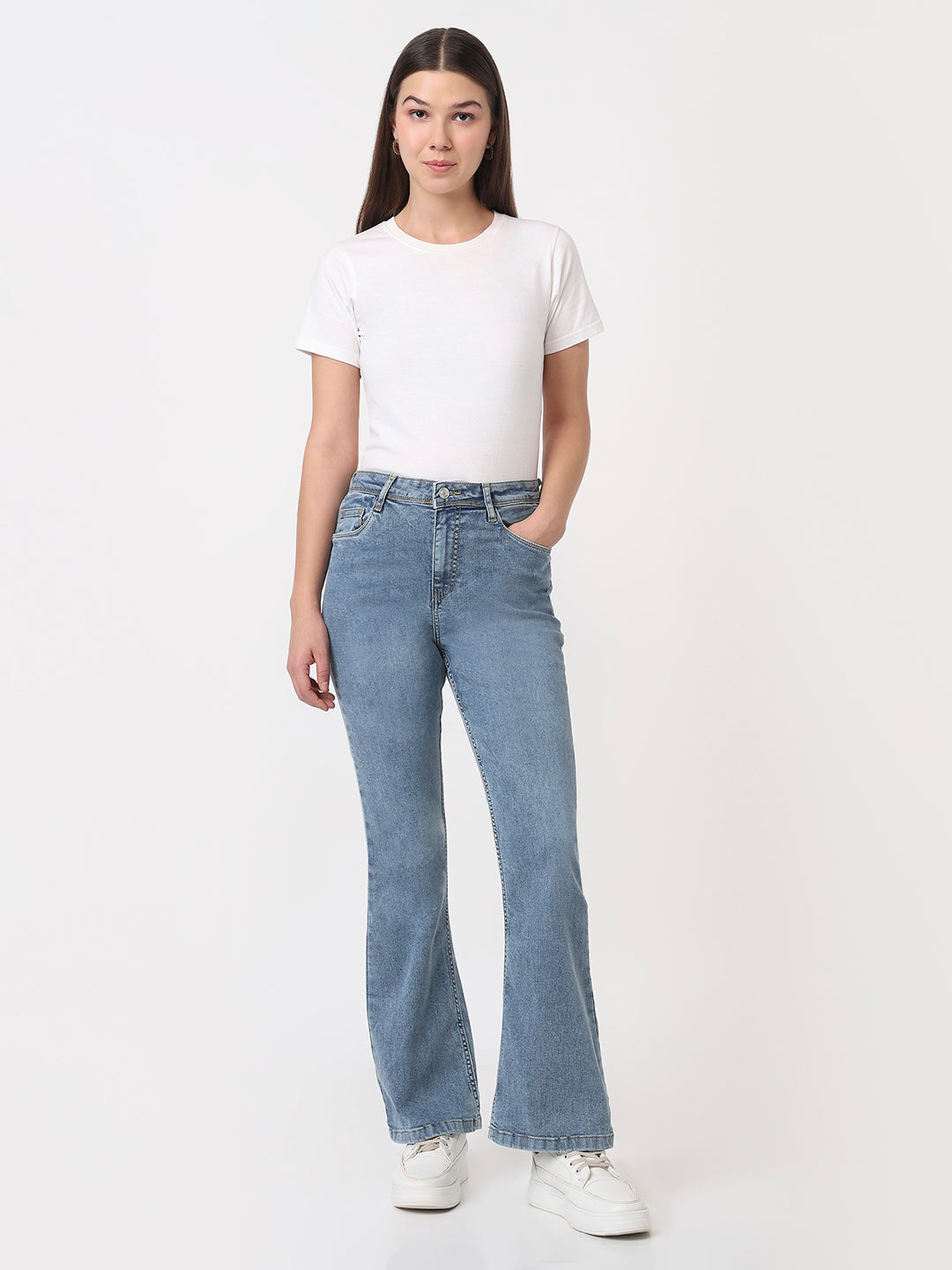 Women Blue High-Rise Mini Flare Jeans