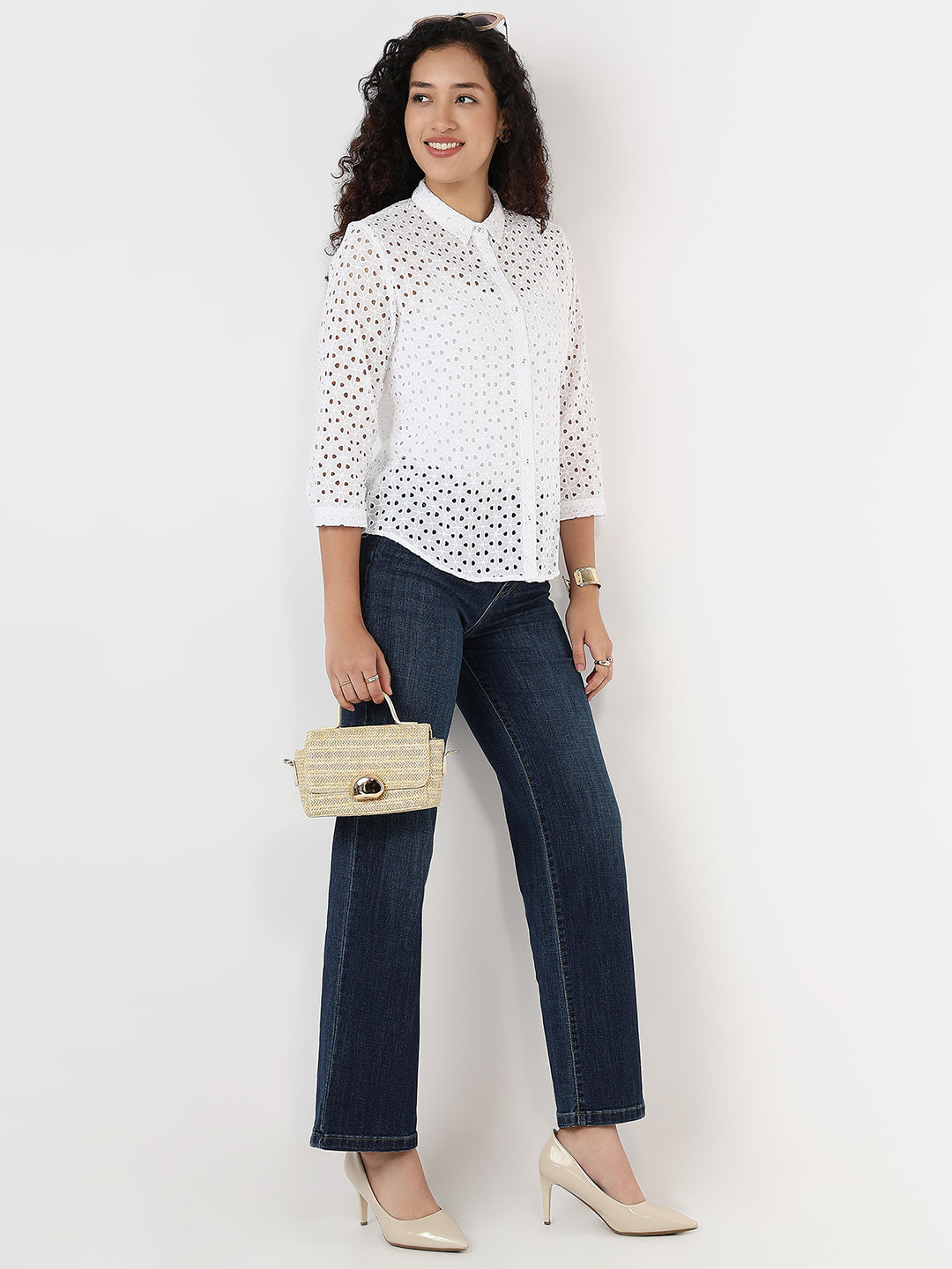Women White Slim Schiffli Shirt